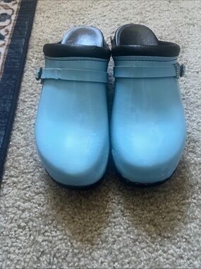 C&C Sweden Light Blue Slip-On Clogs with Black Trim. Size 40